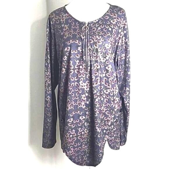 Gray Tunic Top with Maroon Flowers, Big Zipper at Neckline,  Size XXL - Picture 1 of 8